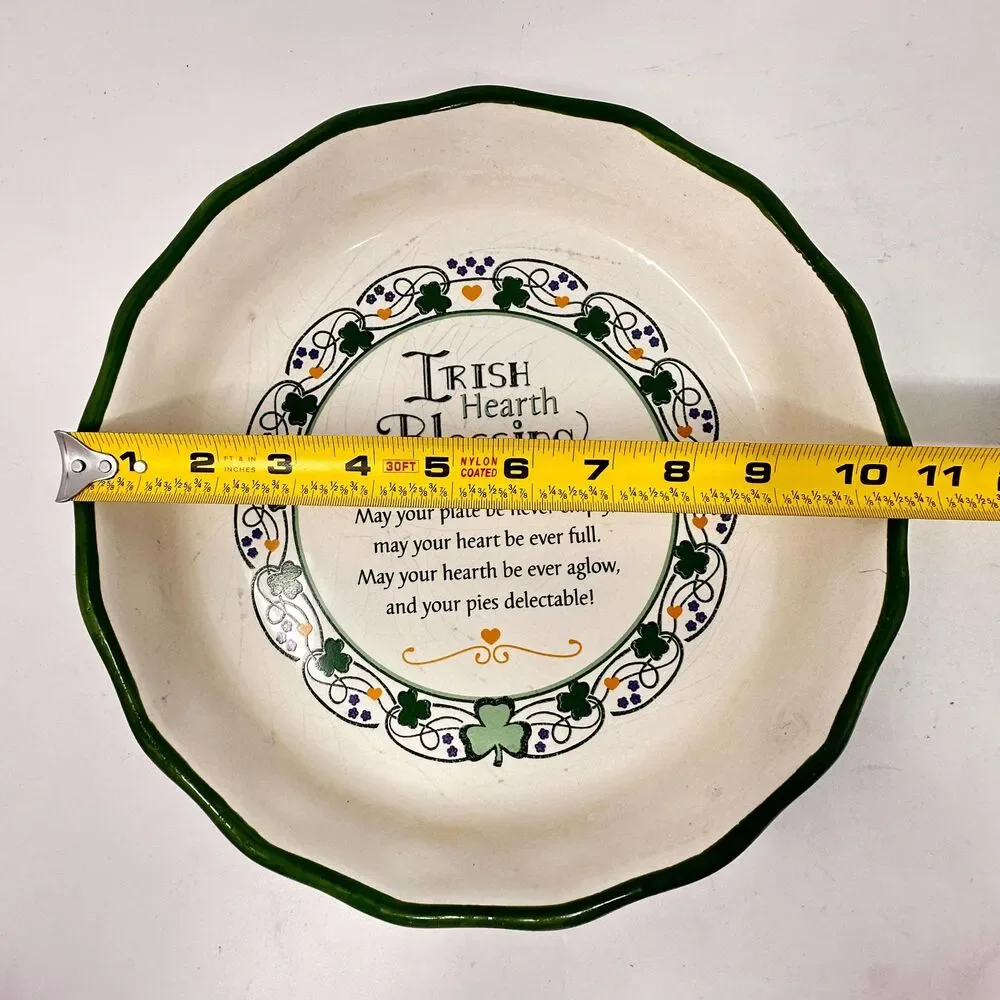 Vtg Ceramic Irish Hearth Blessing Pie Plate Fluted Green Shamrock Baking Dish